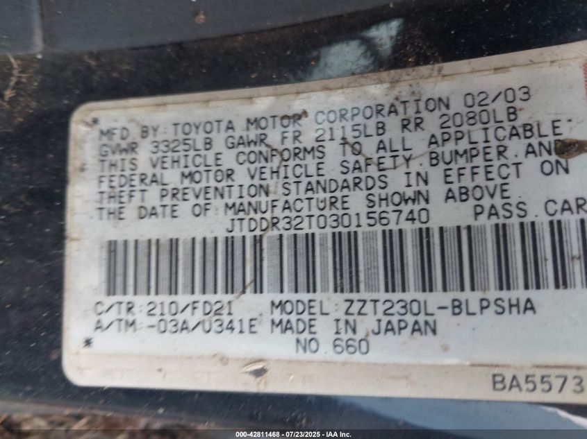 2003 Toyota Celica Gt VIN: JTDDR32T030156740 Lot: 42811468