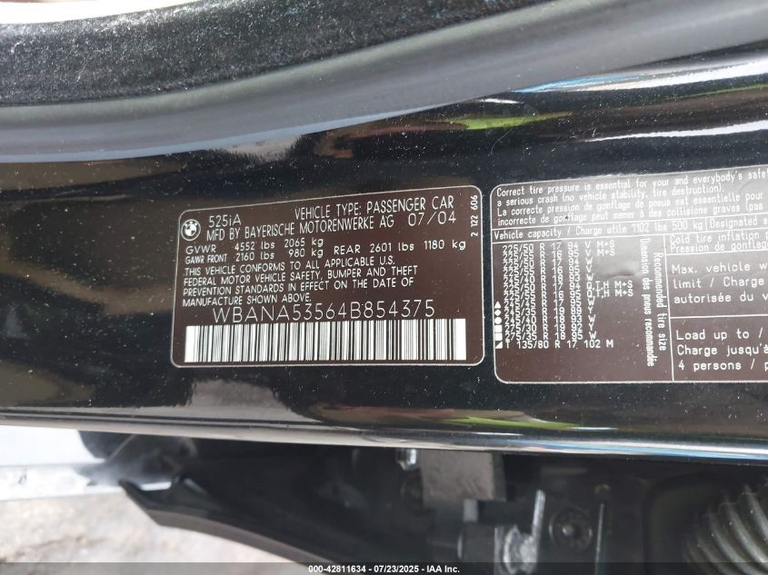 2004 BMW 525I VIN: WBANA53564B854375 Lot: 42811634