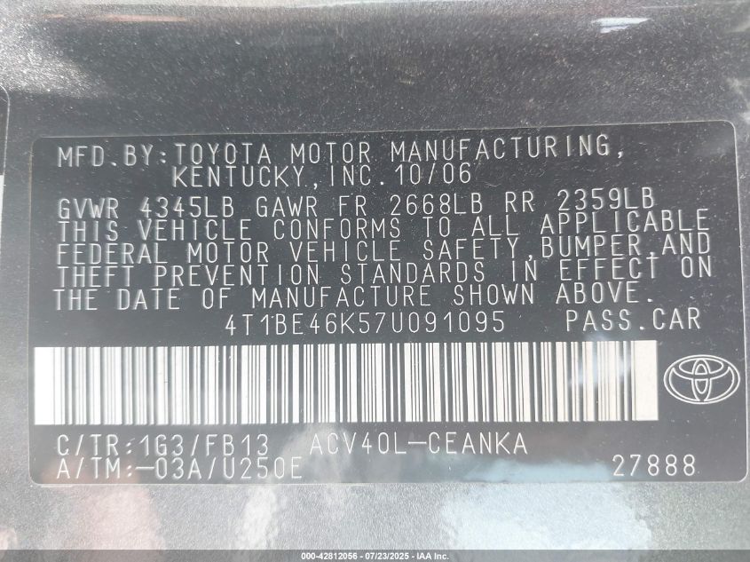 2007 Toyota Camry Le VIN: 4T1BE46K57U091095 Lot: 42812056