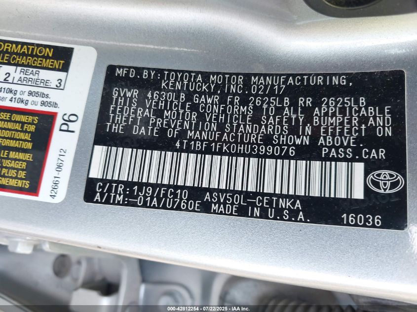 2017 Toyota Camry Le VIN: 4T1BF1FK0HU399076 Lot: 42812254