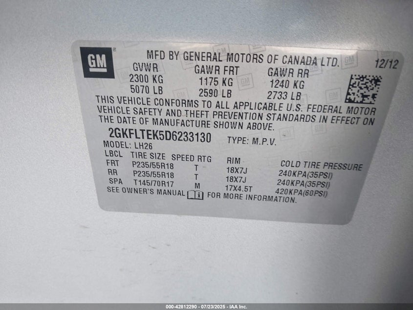 2013 GMC Terrain Sle-2 VIN: 2GKFLTEK5D6233130 Lot: 42812290