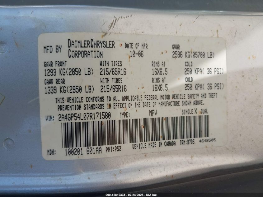2007 Chrysler Town & Country Touring VIN: 2A4GP54L07R171580 Lot: 42812334