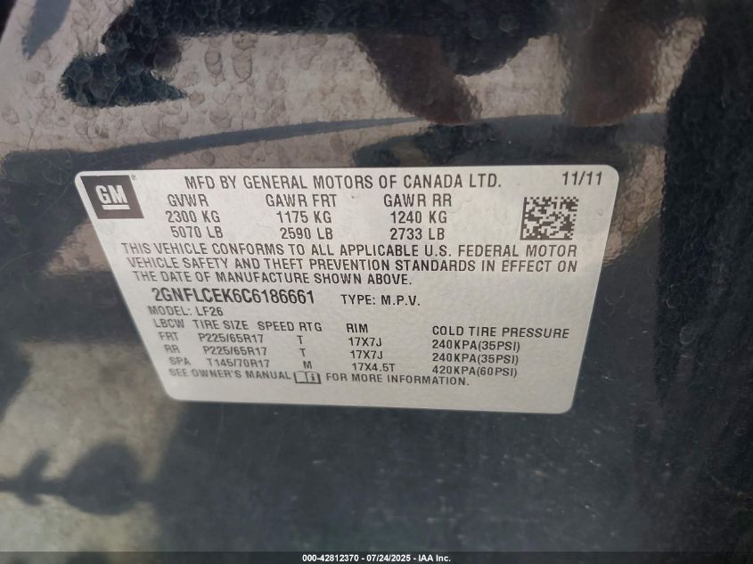 2012 Chevrolet Equinox Ls VIN: 2GNFLCEK6C6186661 Lot: 42812370