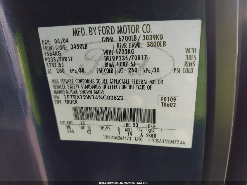 2004 Ford F-150 Stx/Xl/Xlt VIN: 1FTRX12W14NC03823 Lot: 42812383