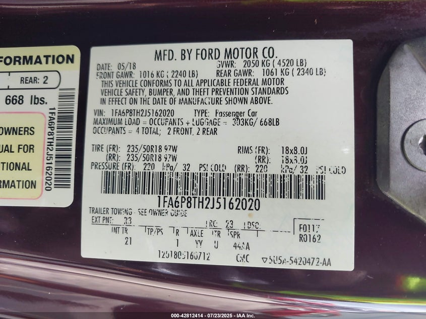 2018 Ford Mustang 2.3 Other Lot 111042812414 Vin 1FA6P8TH2J5162020