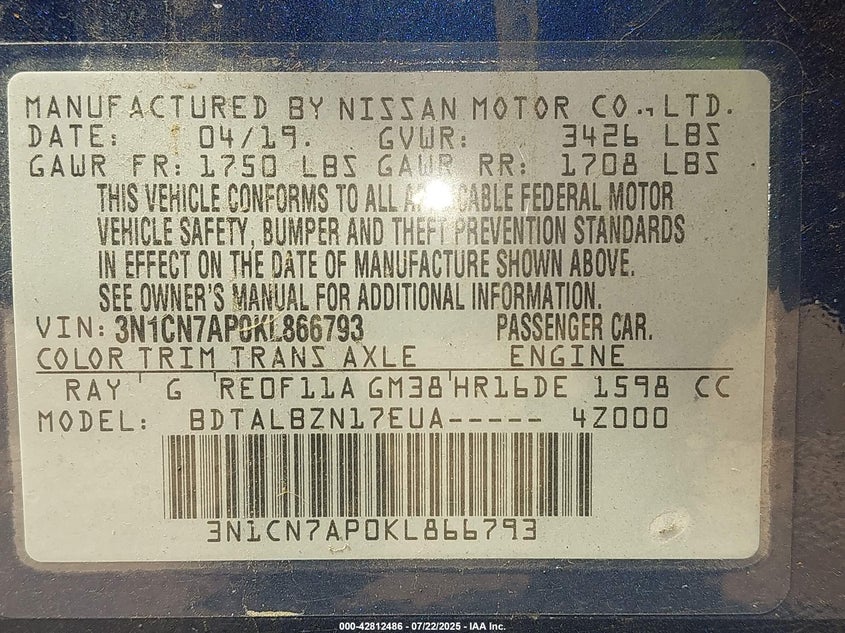 2019 Nissan Versa 1.6 Sv VIN: 3N1CN7AP0KL866793 Lot: 42812486