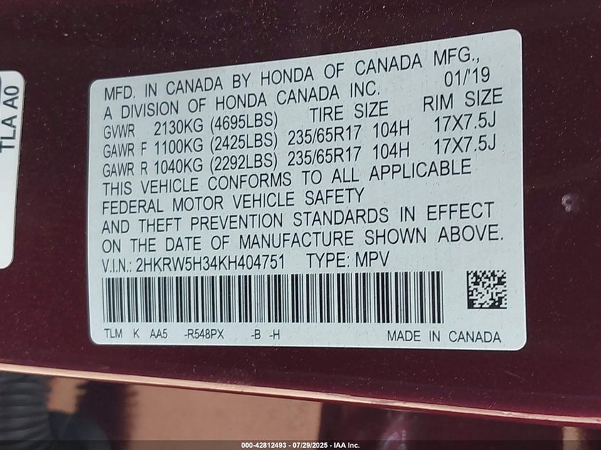 2019 HONDA CR-V LX - 2HKRW5H34KH404751