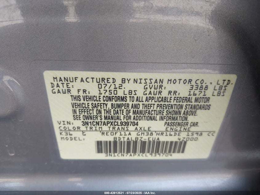 2012 Nissan Versa 1.6 Sv VIN: 3N1CN7APXCL939704 Lot: 42812521