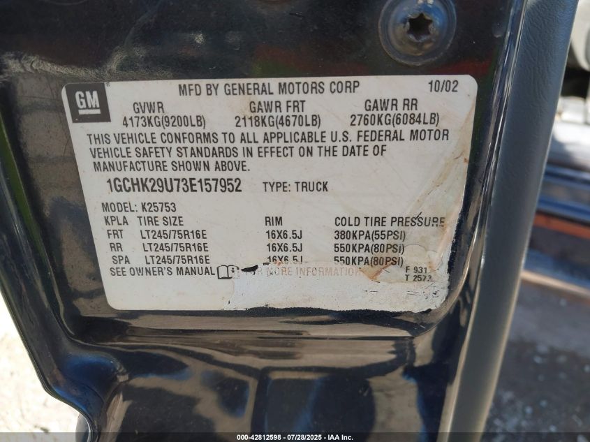 2003 Chevrolet Silverado 2500Hd Ls VIN: 1GCHK29U73E157952 Lot: 42812598