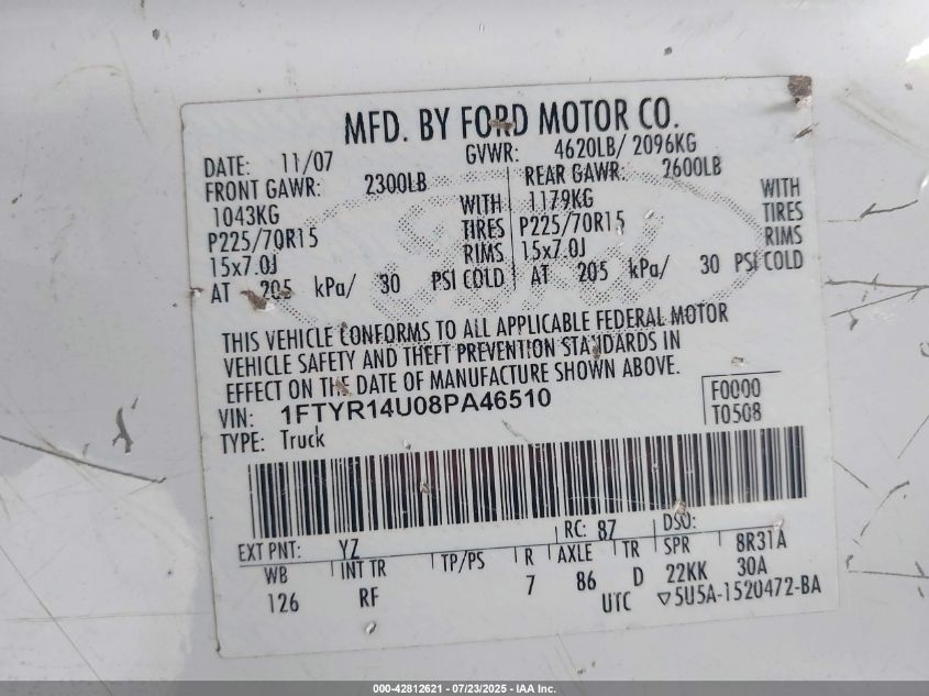 2008 Ford Ranger Sport/Xl/Xlt VIN: 1FTYR14U08PA46510 Lot: 42812621