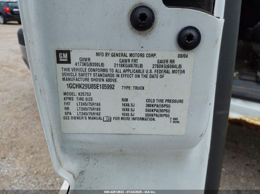 2005 Chevrolet Silverado 2500Hd Ls VIN: 1GCHK29U85E105992 Lot: 42812633
