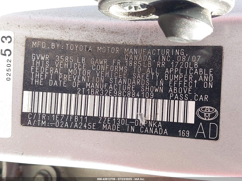 2008 Toyota Corolla Le VIN: 2T1BR32E98C884109 Lot: 42812706