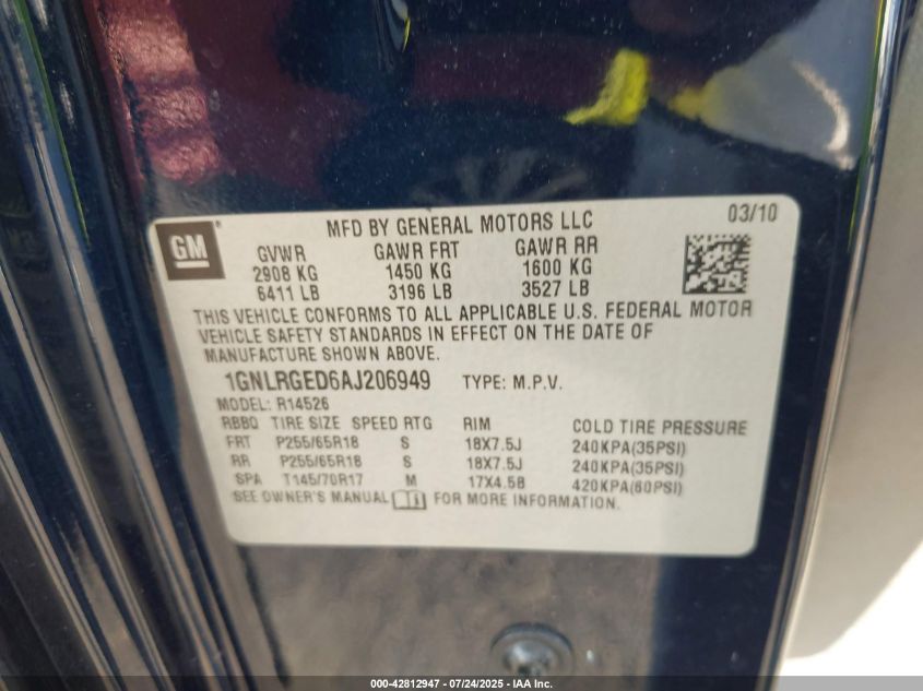 2010 Chevrolet Traverse Lt VIN: 1GNLRGED5AJ206949 Lot: 42812947