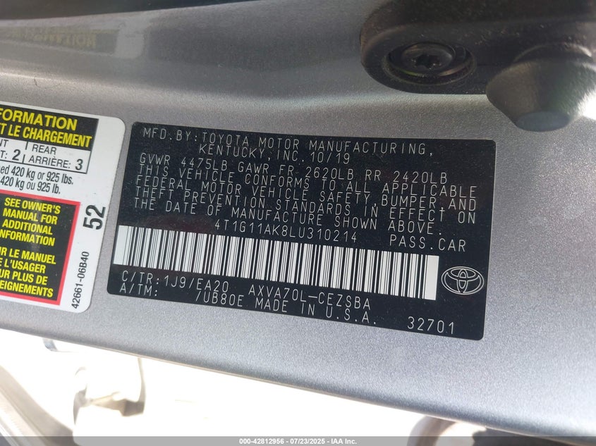 2020 TOYOTA CAMRY SE 4T1G11AK8LU310214