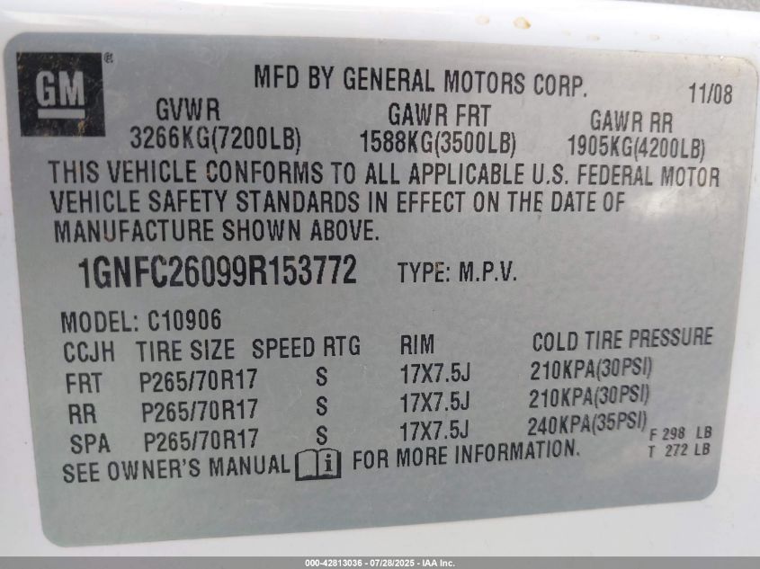2009 Chevrolet Suburban 1500 Lt1 VIN: 1GNFC26099R153772 Lot: 42813036