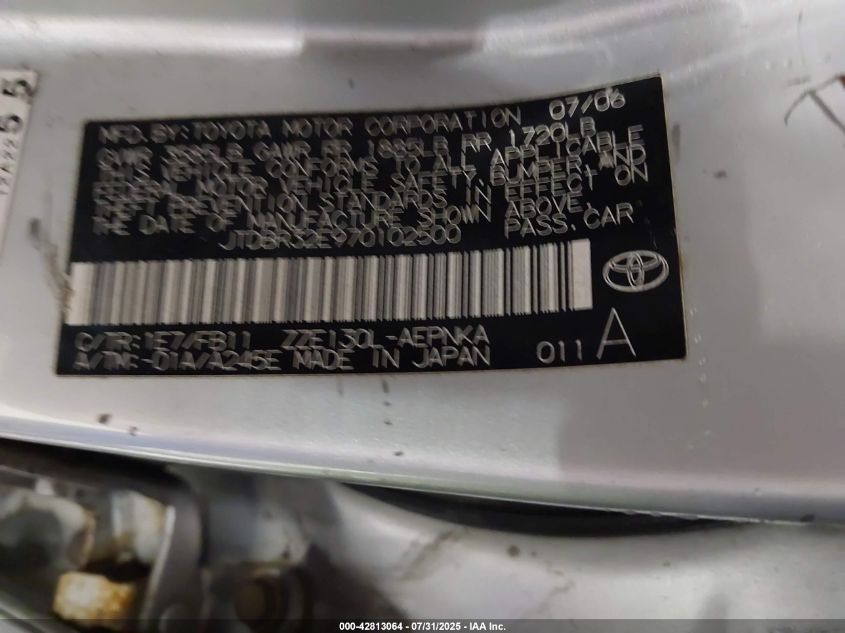 2007 Toyota Corolla Le VIN: JTDBR32EX70104093 Lot: 42813064