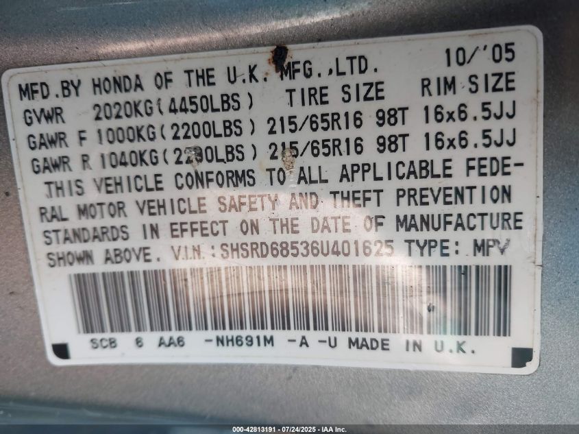 2006 Honda Cr-V Lx VIN: SHSRD68536U401625 Lot: 42813191