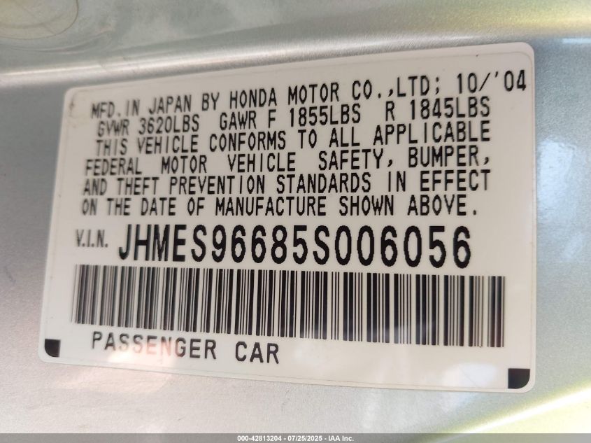 2005 Honda Civic Hybrid VIN: JHMES96685S006056 Lot: 42813204