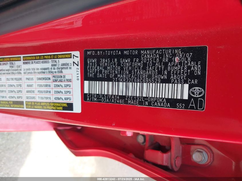 2008 Toyota Matrix VIN: 2T1KR32E68C695529 Lot: 42813243