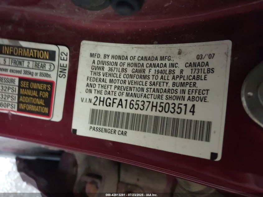 2007 Honda Civic Lx VIN: 2HGFA16537H503514 Lot: 42813281