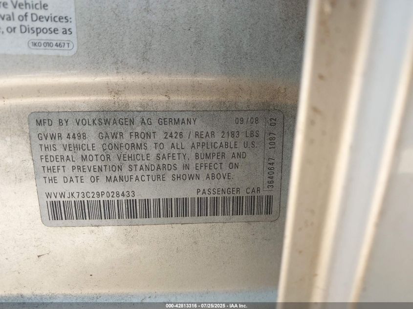 2009 Volkswagen Passat VIN: WVEJK3C29P028433 Lot: 42813316