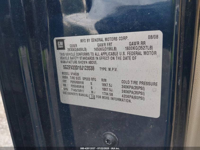 2009 Saturn Outlook Xr VIN: 5GZEV23D19J123538 Lot: 42813337