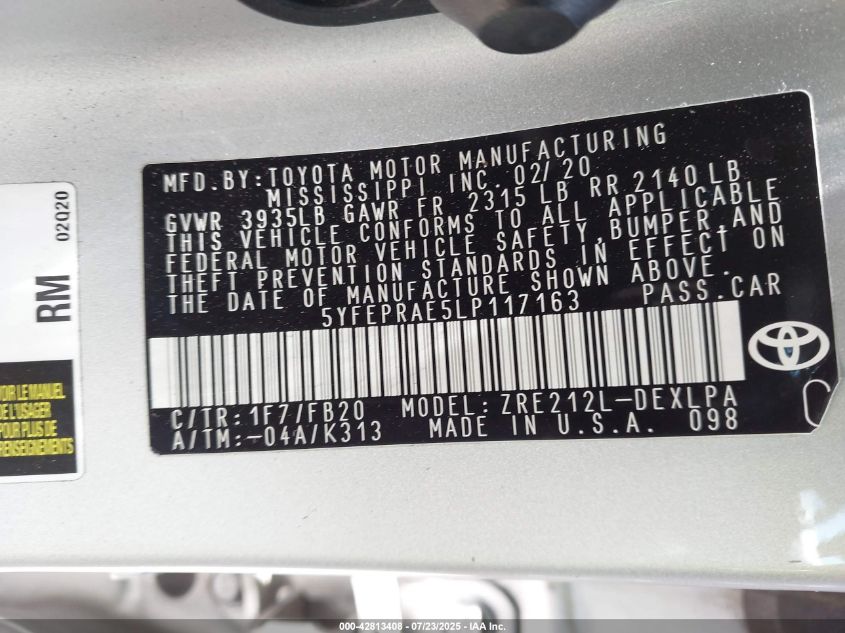 2020 Toyota Corolla Le VIN: 5YFEPRAE5LP117163 Lot: 42813408