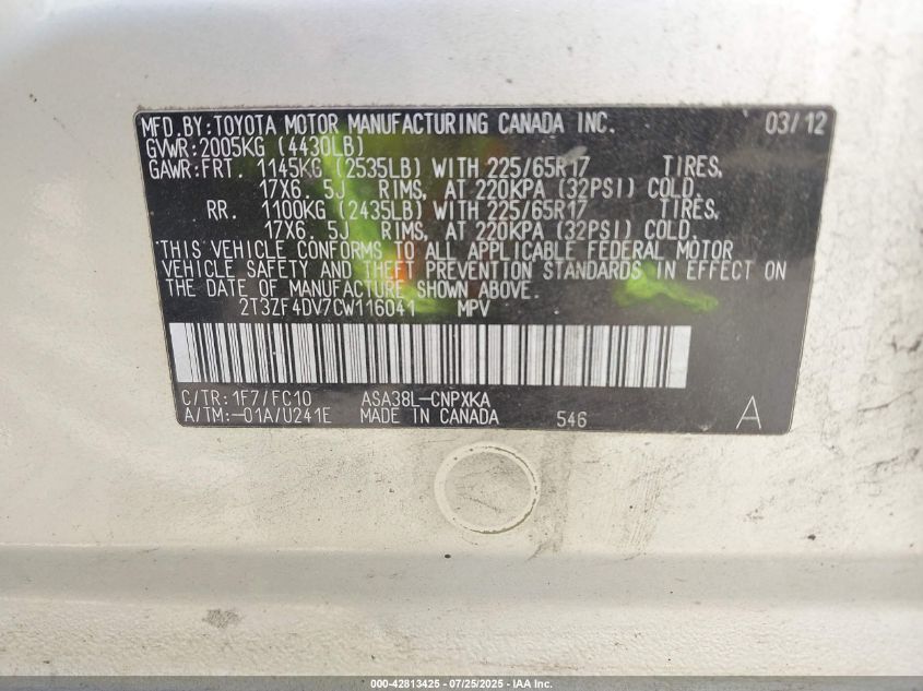 2012 Toyota Rav4 VIN: 2T3ZF4DV7CW116041 Lot: 42813425