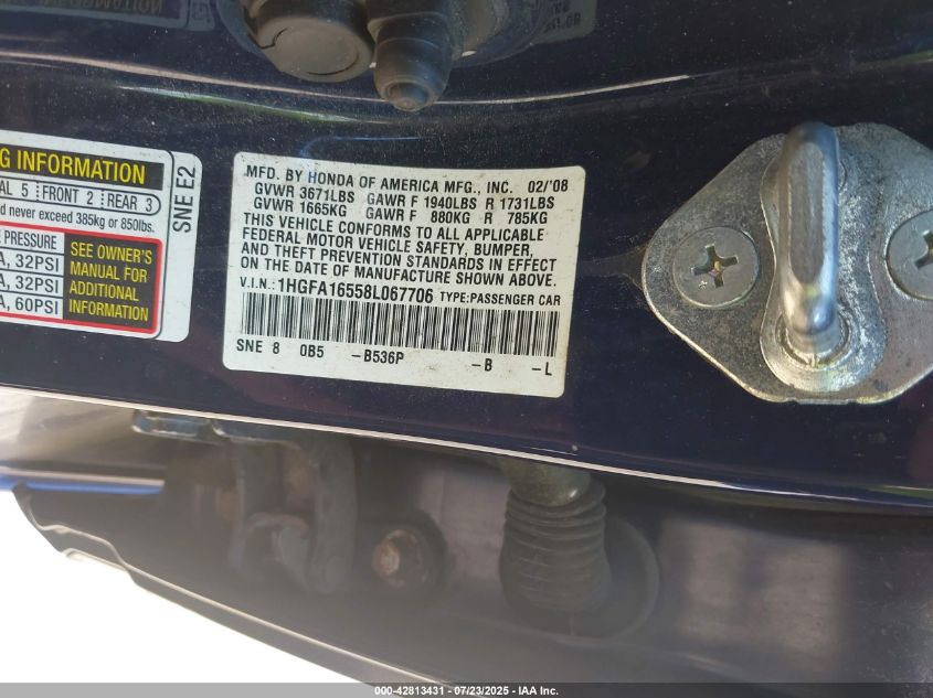 2008 Honda Civic Lx VIN: 1HGFA16558L067706 Lot: 42813431