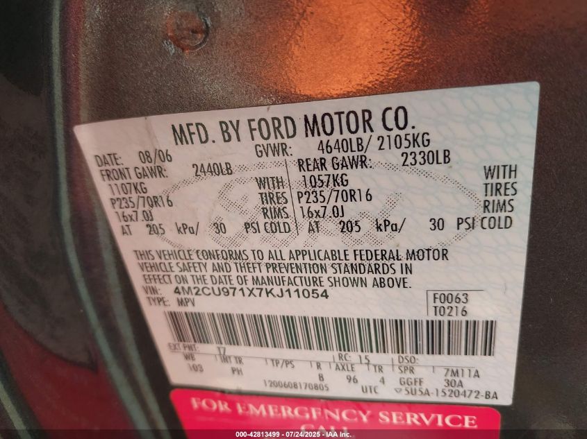 2007 Mercury Mariner Premier VIN: 4M2CU971X7KJ11054 Lot: 42813499