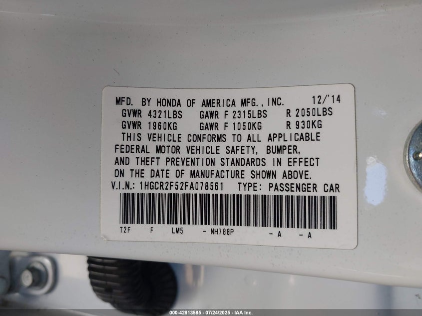 2015 HONDA ACCORD SPORT 1HGCR2F52FA078561