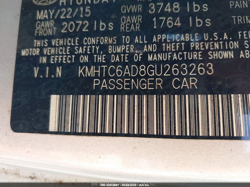 2016 Hyundai Veloster VIN: KMHTC6AD8GU263263 Lot: 42813657