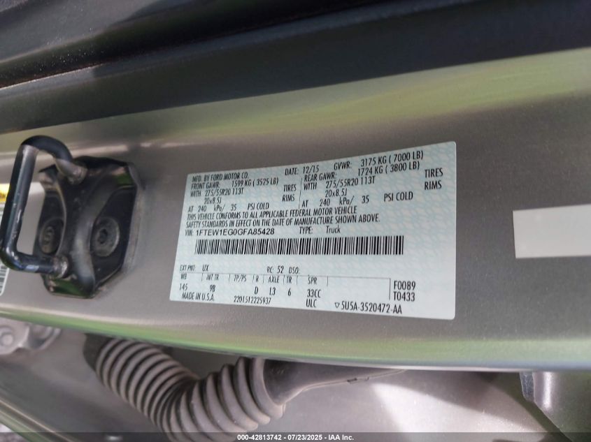 2016 Ford F150 Supercrew VIN: 1FTEW1EG0GFA85428 Lot: 42813742