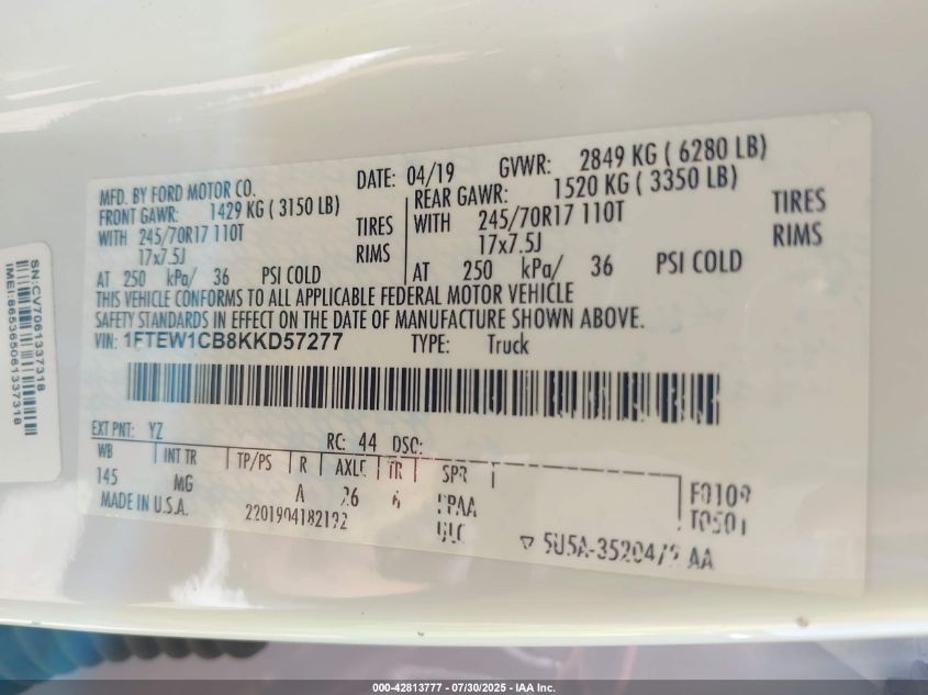 2019 Ford F-150 Xlt VIN: 1FTEW1CB8KKD57277 Lot: 42813777
