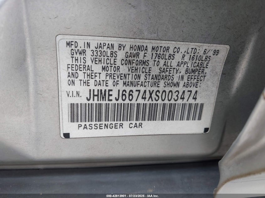 1999 Honda Civic Lx VIN: JHMEJ6674XS003474 Lot: 42813901