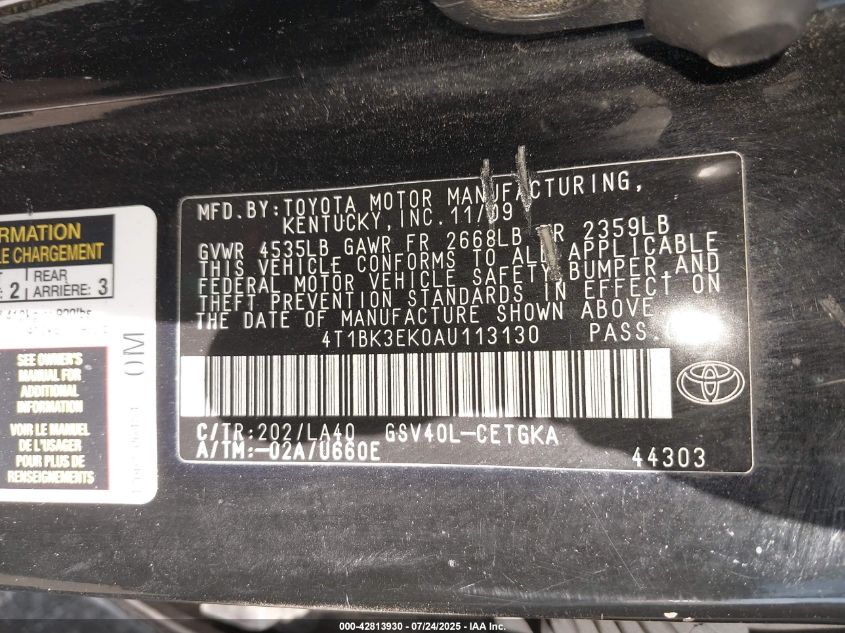 2010 Toyota Camry Xle V6 VIN: 4T1BK3EK0AU113130 Lot: 42813930