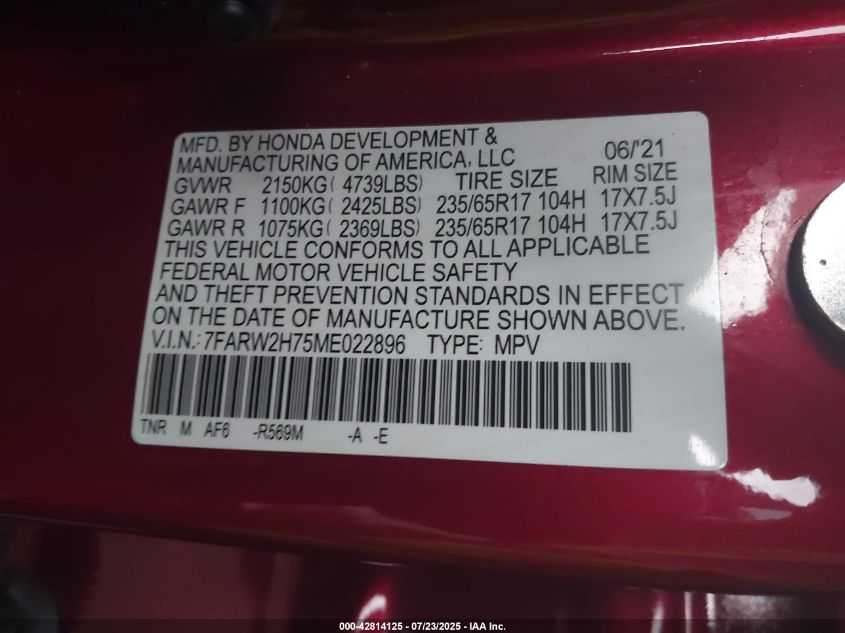 2021 Honda Cr-V Awd Special Edition VIN: 7FARW2H75ME022896 Lot: 42814125