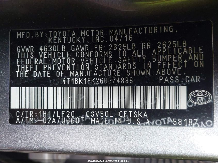 2016 Toyota Camry Xse V6 VIN: 4T1BK1FK2GU574888 Lot: 42814246