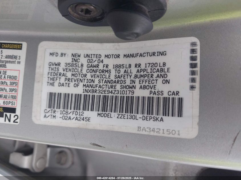 2004 Toyota Corolla S VIN: 1NXBR32E94Z310179 Lot: 42814284