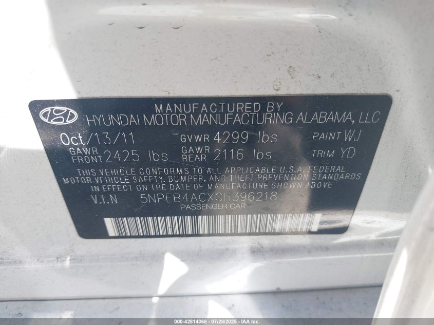 2012 Hyundai Sonata Gls VIN: 5NPEB4ACXCH396218 Lot: 42814368