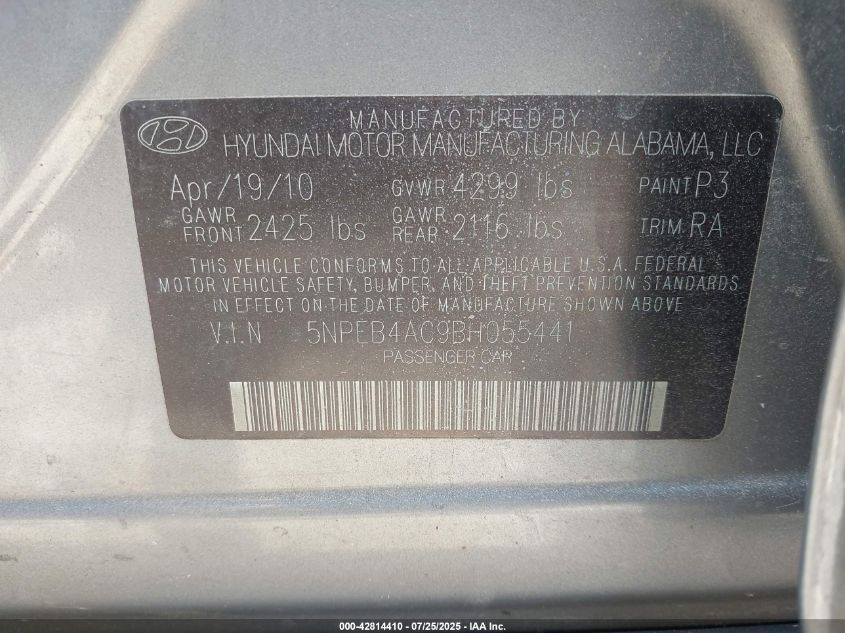 2011 Hyundai Sonata Gls VIN: 5NPEB4AC9BH055441 Lot: 42814410