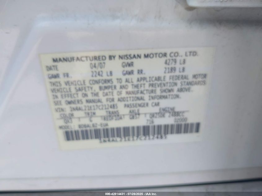 2007 Nissan Altima 2.5 S VIN: 1N4AL21E17C212485 Lot: 42814431