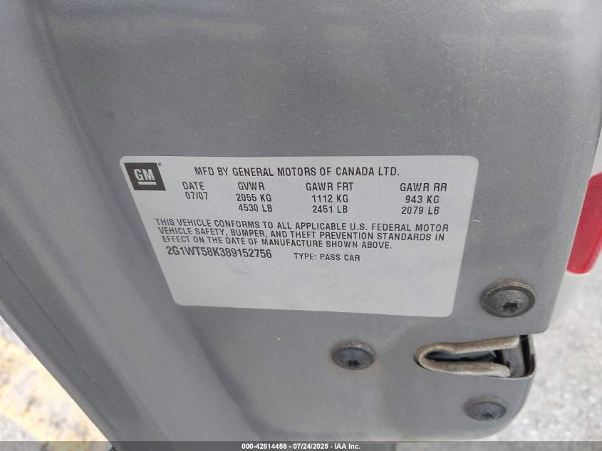 2008 Chevrolet Impala Lt VIN: 2G1WT58K389152756 Lot: 42814456