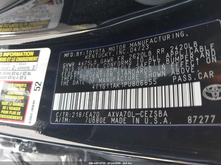 2023 Toyota Camry Se VIN: 4T1G11AK1PU806655 Lot: 42814733