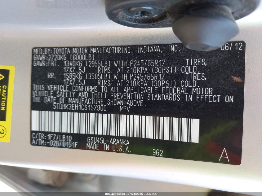 2012 Toyota Highlander Se V6 VIN: 5TDBK3EH1CS157900 Lot: 42814863