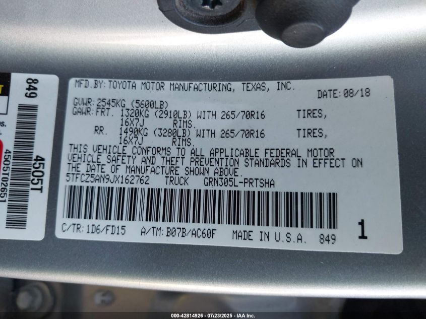 2018 Toyota Tacoma Trd Off Road VIN: 5TFCZ5AN9JX162762 Lot: 42814926