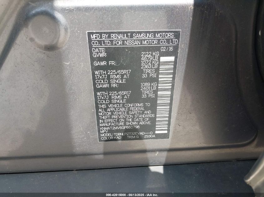 2016 Nissan Rogue VIN: ANMAT2MV6GP660798 Lot: 42815008