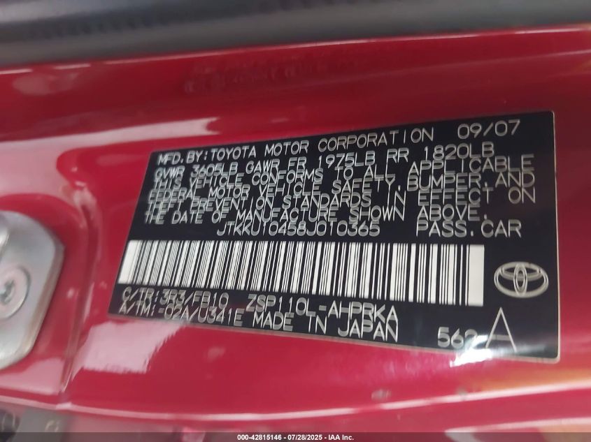 2008 Scion Xd VIN: JTKKU10458J010365 Lot: 42815146