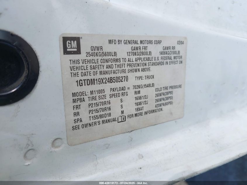 2004 GMC Safari Standard VIN: 1GTDM19X24B505270 Lot: 42815173
