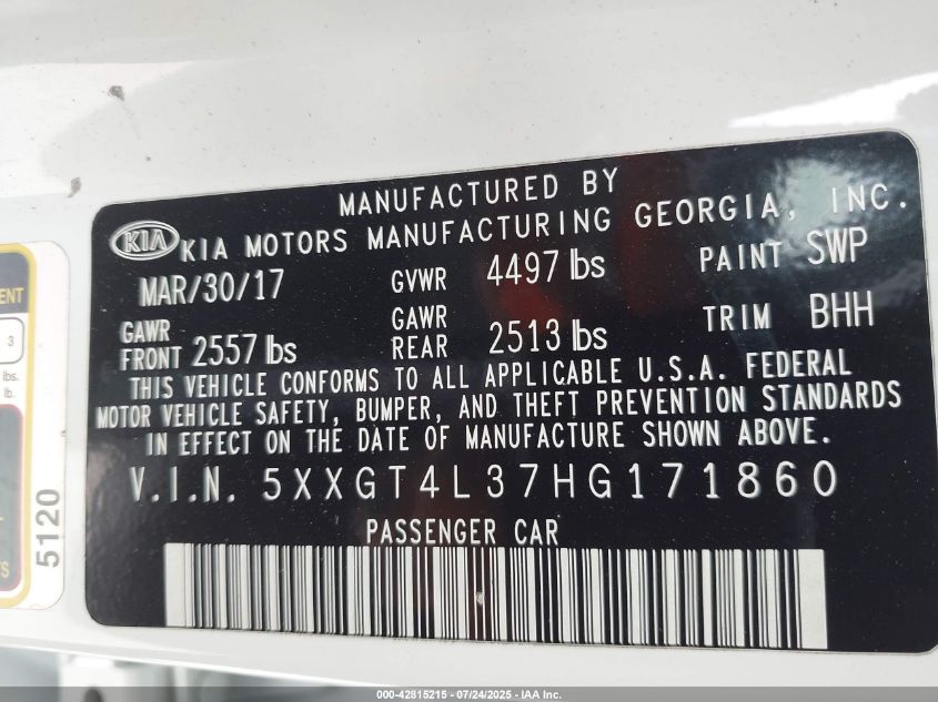 2017 Kia Optima Lx VIN: 5XXGT4L37HG171860 Lot: 42815215